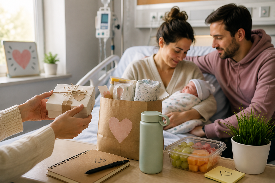 Padres con su bebé recién nacido en el hospital recibiendo un regalo y artículos de apoyo para la familia.
